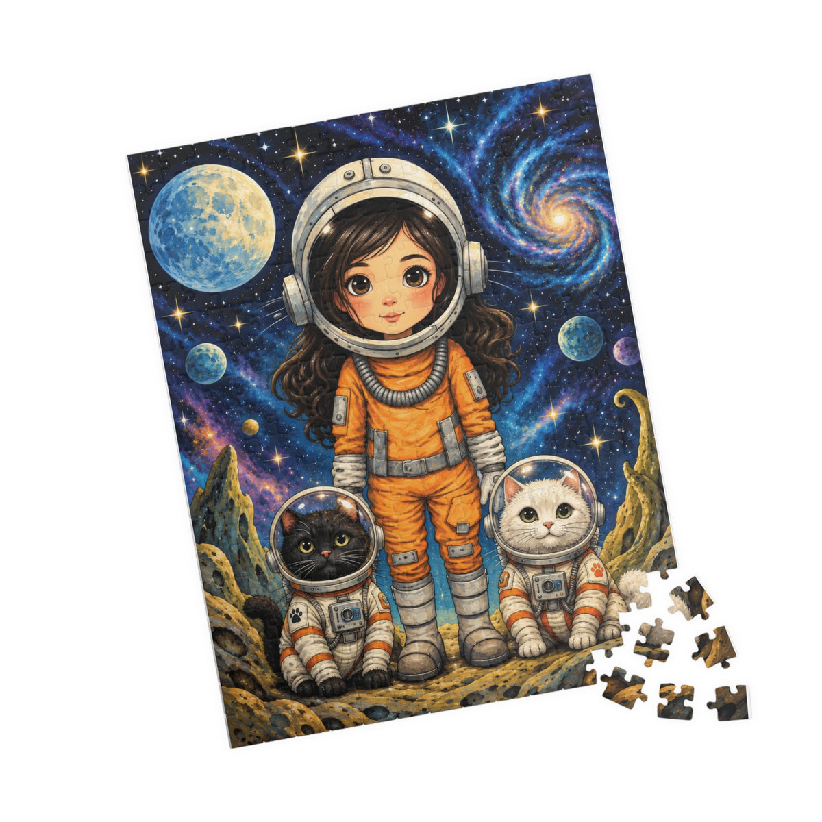 Space Explorer Kids Puzzle — Cute Astronaut Girl & Space Cats Jigsaw (252 pcs)