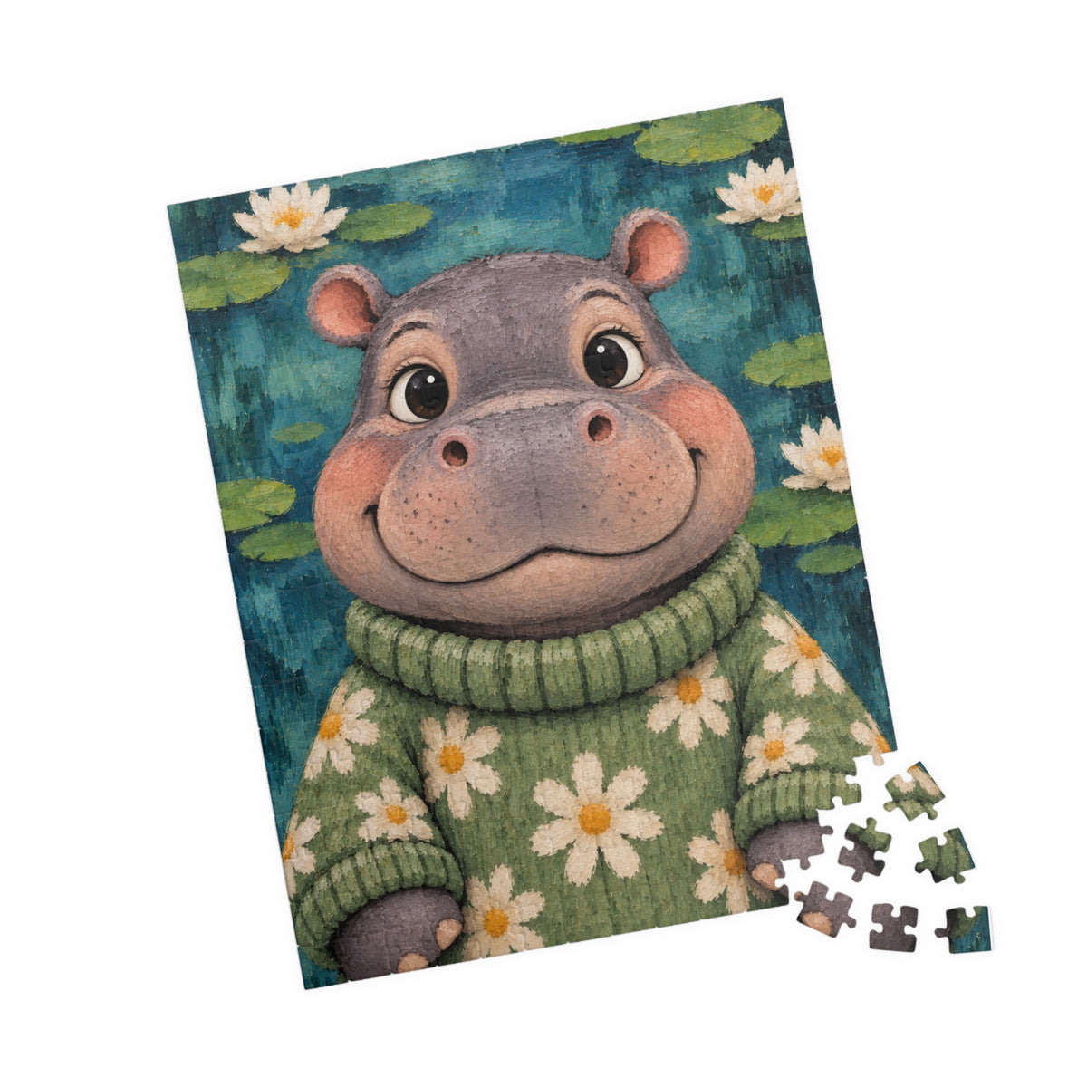 Hippo in a Daisy Sweater Kids Puzzle | The Cozy Critter Club | 252 Pieces