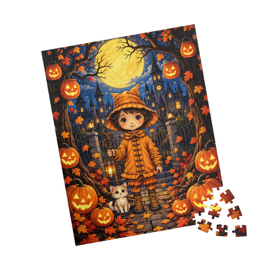 Halloween Pumpkin Patch Puzzle — Cute Kid in Orange Coat & Cat (110/252 pcs)