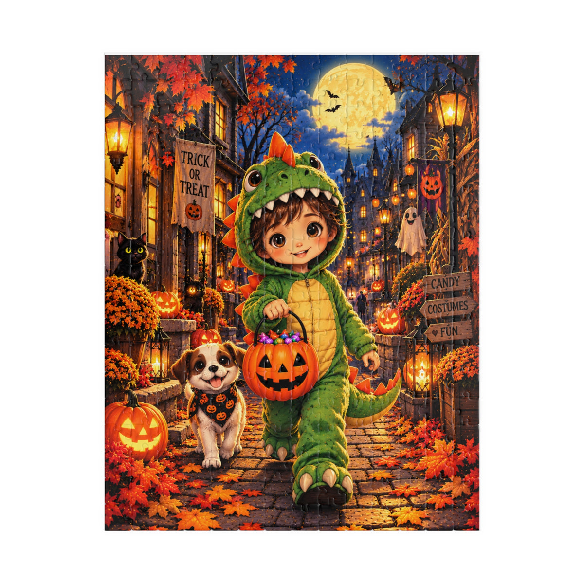 Halloween Kids Puzzle — Child in Dinosaur Costume Trick-or-Treating (252 pcs)