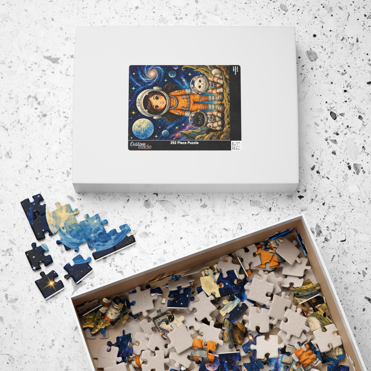Space Explorer Kids Puzzle — Cute Astronaut Girl & Space Cats Jigsaw (252 pcs)