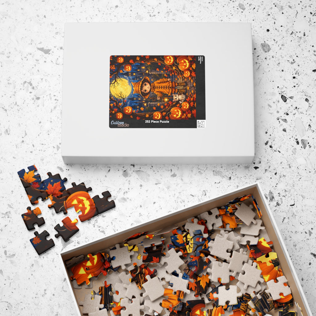 Halloween Pumpkin Patch Puzzle — Cute Kid in Orange Coat & Cat (110/252 pcs)