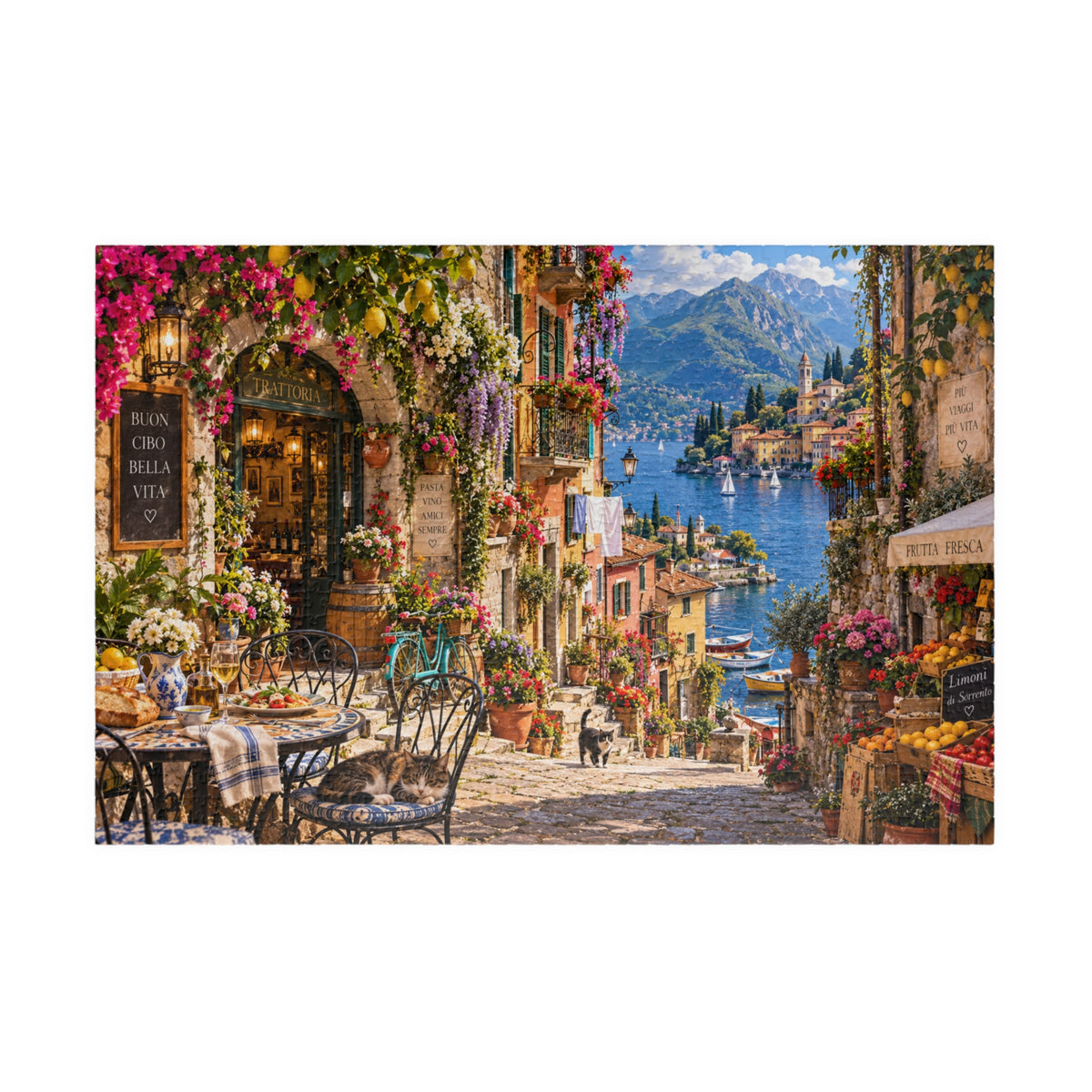 Scenic Mediterranean Village Jigsaw Puzzle — 1000 Pieces (Cozy Café & Lake View)