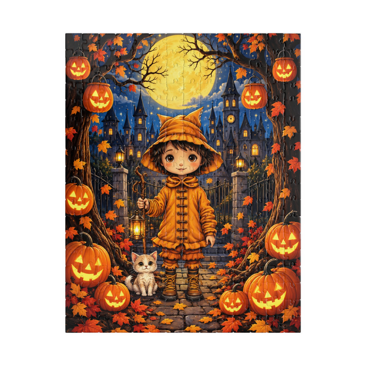 Halloween Pumpkin Patch Puzzle — Cute Kid in Orange Coat & Cat (110/252 pcs)