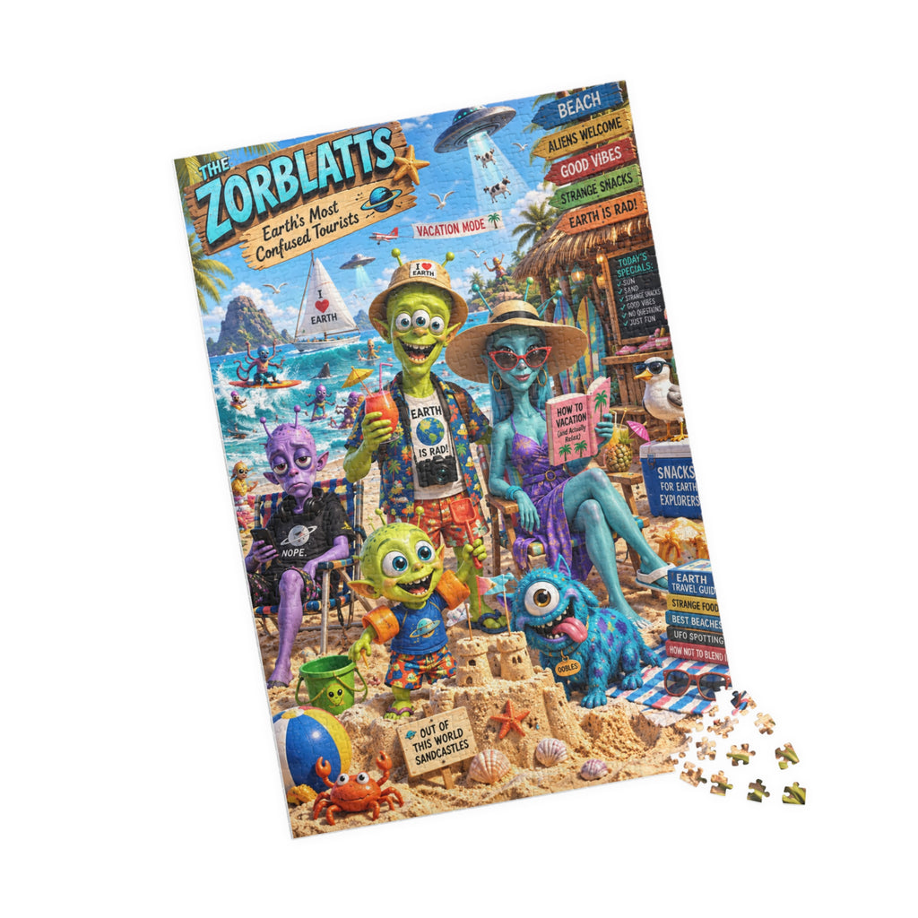 Zorblatts Beach Vacation Alien Family Puzzle — Humorous Retro Cartoon Jigsaw (1014 pcs)