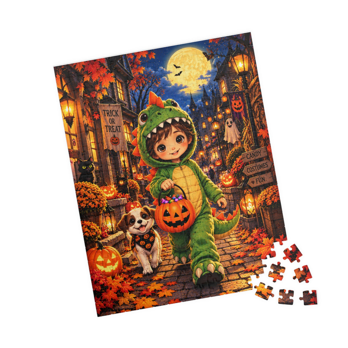 Halloween Kids Puzzle — Child in Dinosaur Costume Trick-or-Treating (252 pcs)