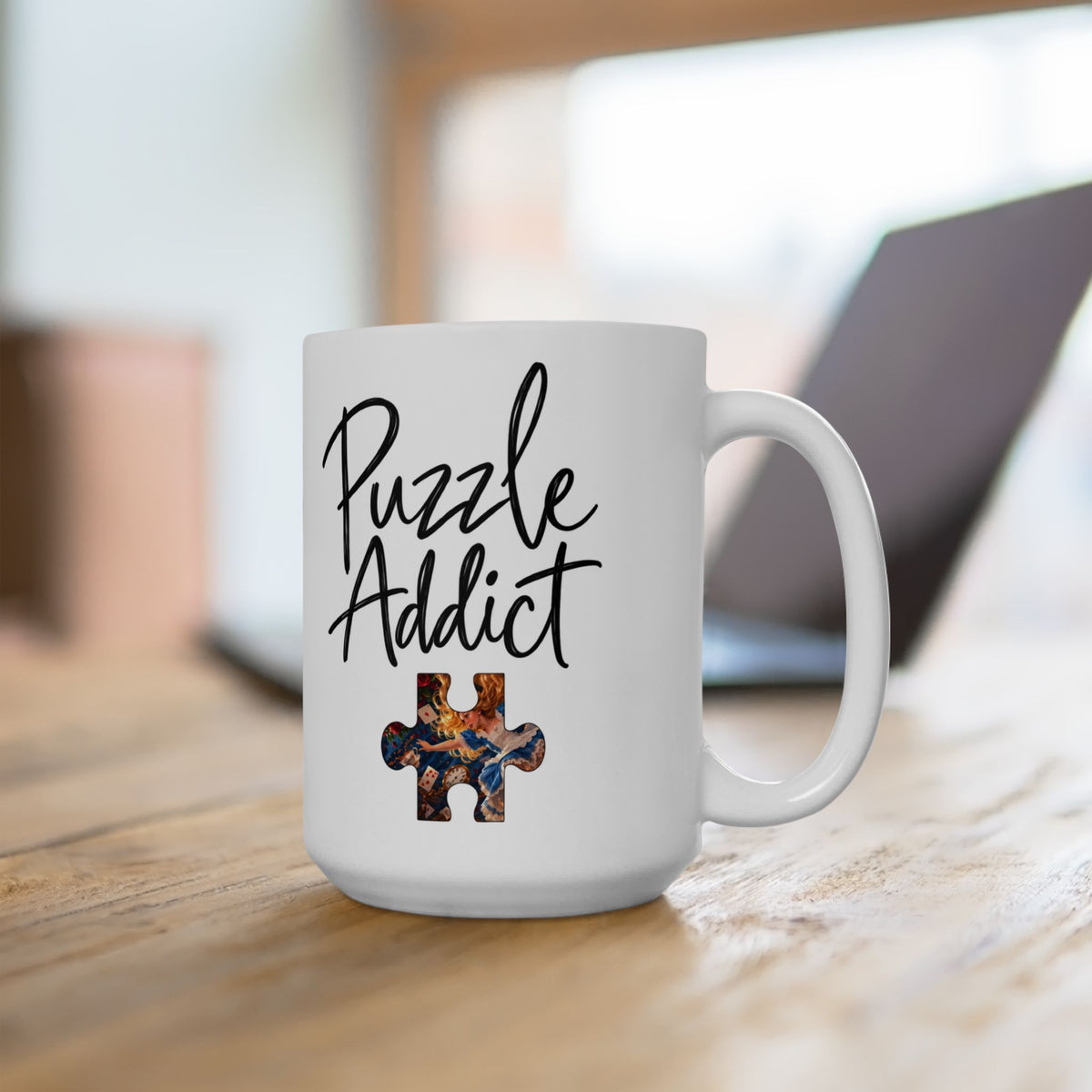 Puzzle Addict Coffee Mug – Jigsaw Puzzle Lover Gift with Alice in Wonderland Artwork 15oz