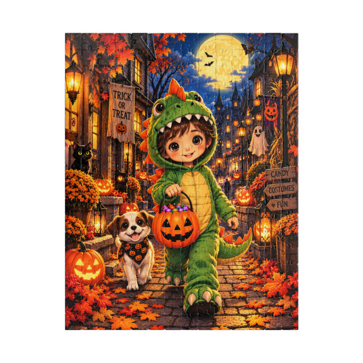 Halloween Kids Puzzle — Child in Dinosaur Costume Trick-or-Treating (252 pcs)