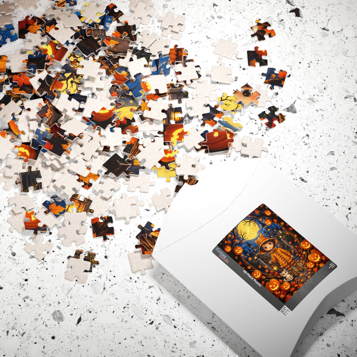 Halloween Pumpkin Patch Puzzle — Cute Kid in Orange Coat & Cat (110/252 pcs)