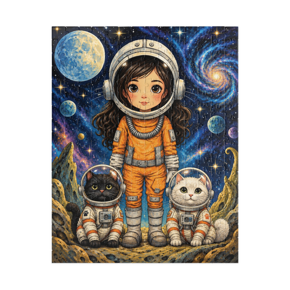 Space Explorer Kids Puzzle — Cute Astronaut Girl & Space Cats Jigsaw (252 pcs)