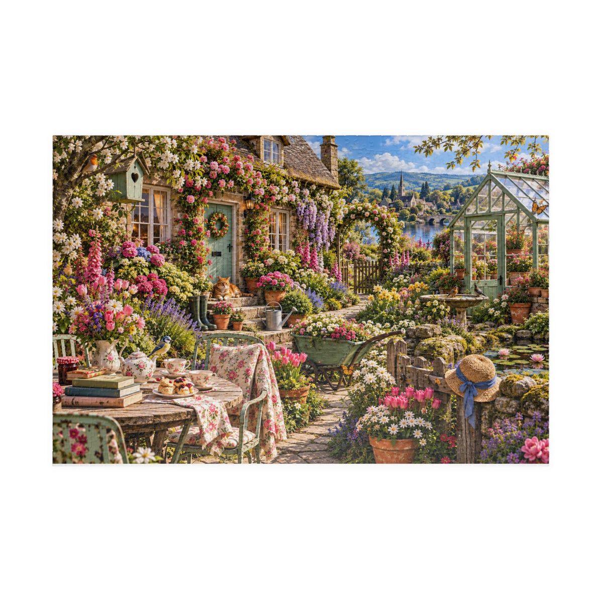 Garden Cottage Jigsaw Puzzle - 1014 Piece Floral Tea Party Scene