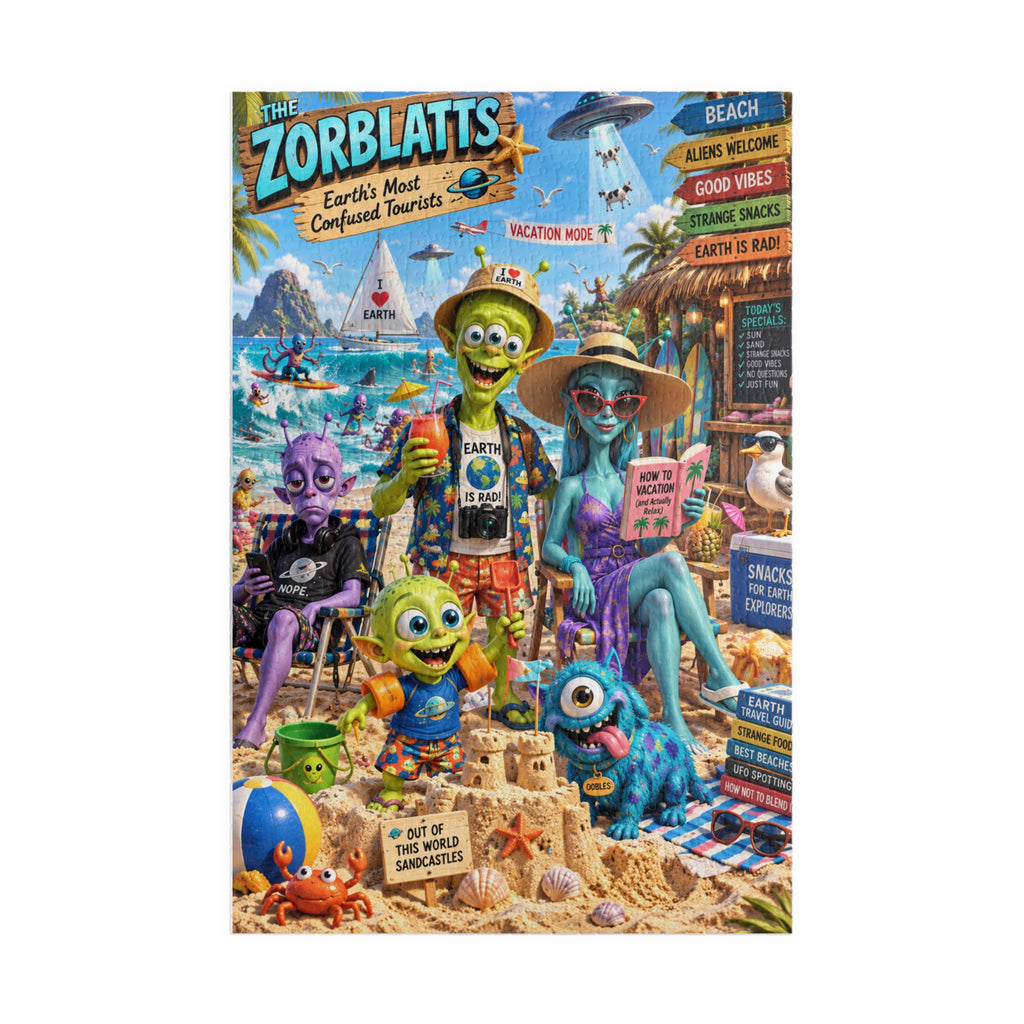 Zorblatts Beach Vacation Alien Family Puzzle — Humorous Retro Cartoon Jigsaw (1014 pcs)
