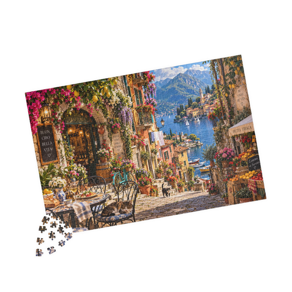 Scenic Mediterranean Village Jigsaw Puzzle — 1000 Pieces (Cozy Café & Lake View)