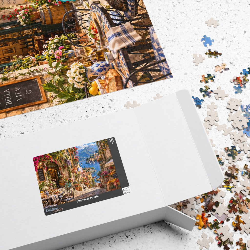 Scenic Mediterranean Village Jigsaw Puzzle — 1000 Pieces (Cozy Café & Lake View)