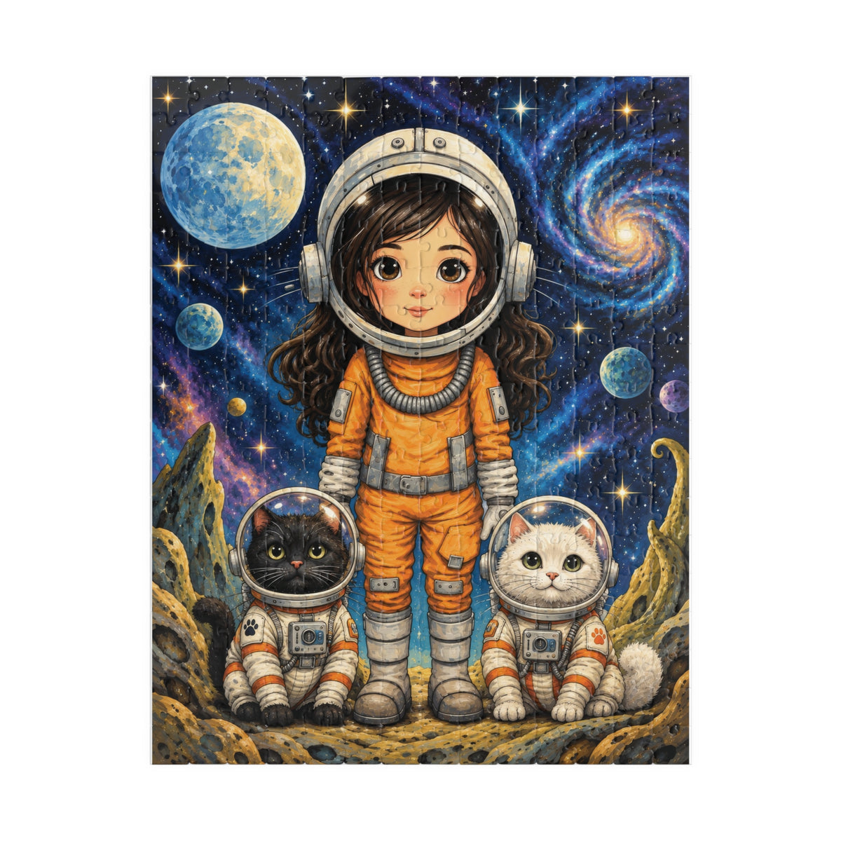 Space Explorer Kids Puzzle — Cute Astronaut Girl & Space Cats Jigsaw (252 pcs)