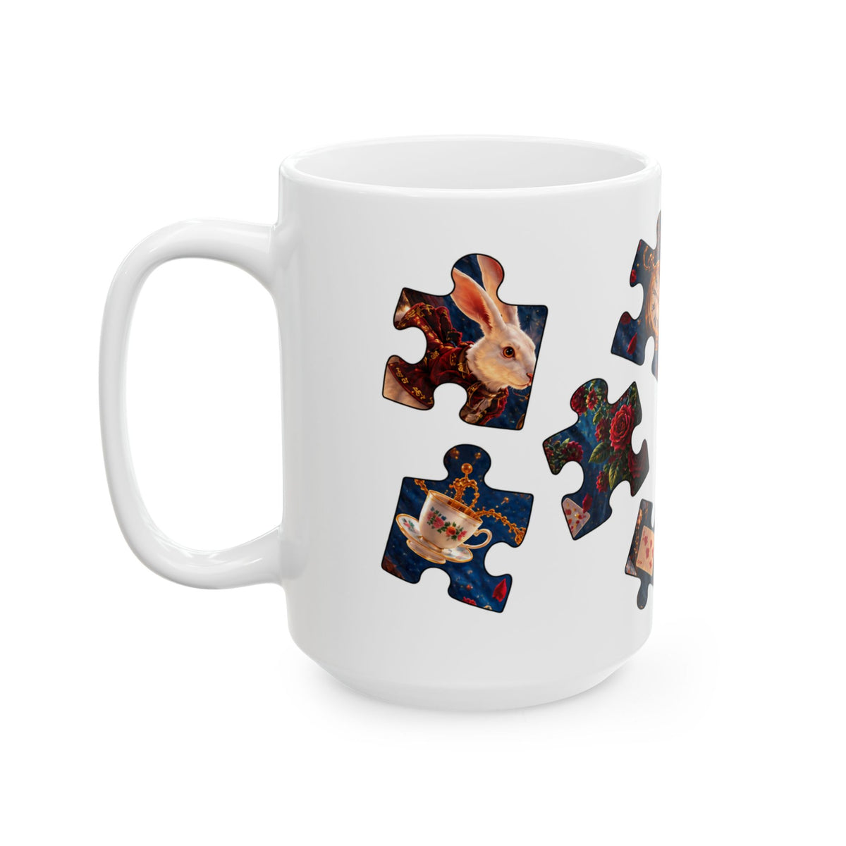 Puzzle Addict Coffee Mug – Jigsaw Puzzle Lover Gift with Alice in Wonderland Artwork 15oz