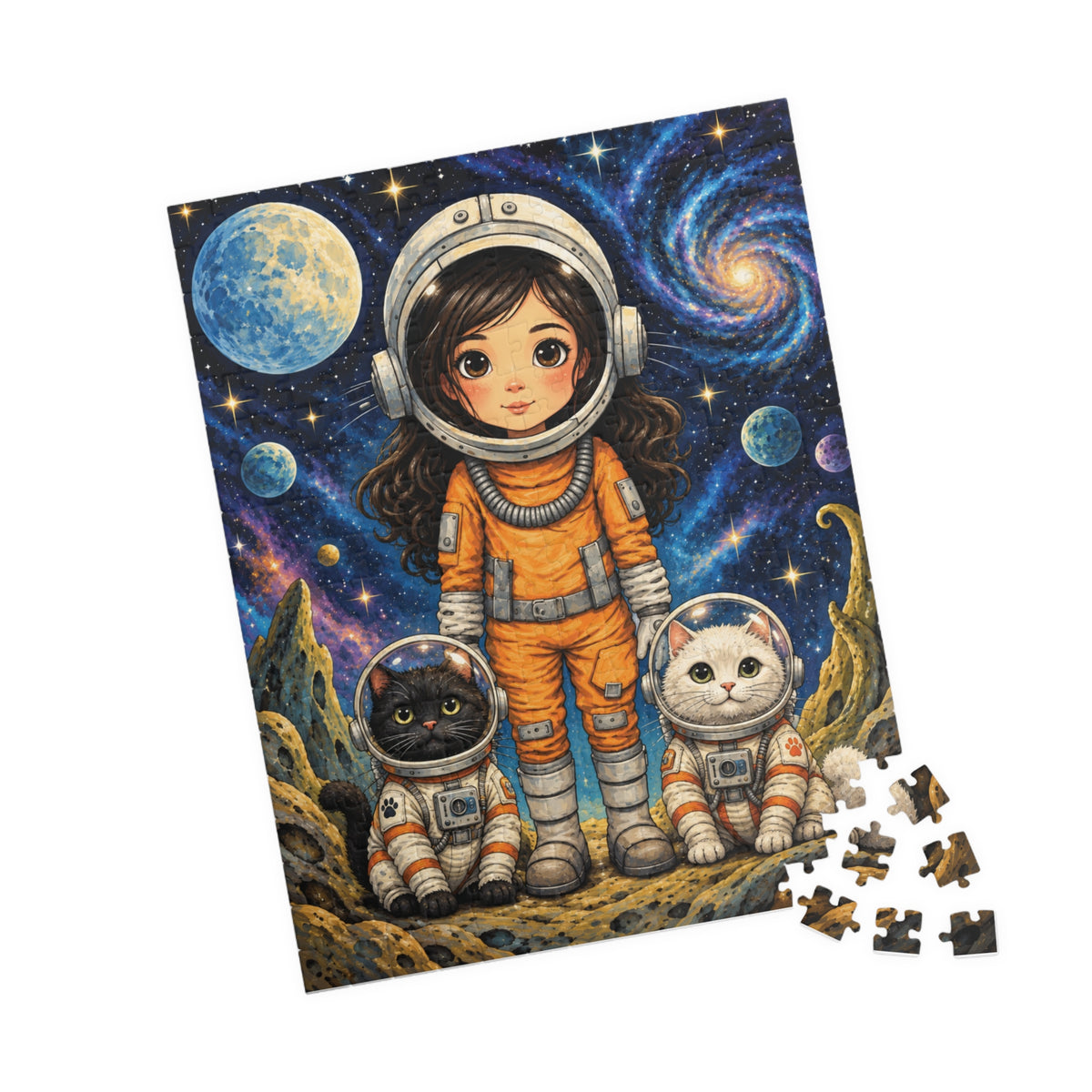 Space Explorer Kids Puzzle — Cute Astronaut Girl & Space Cats Jigsaw (252 pcs)