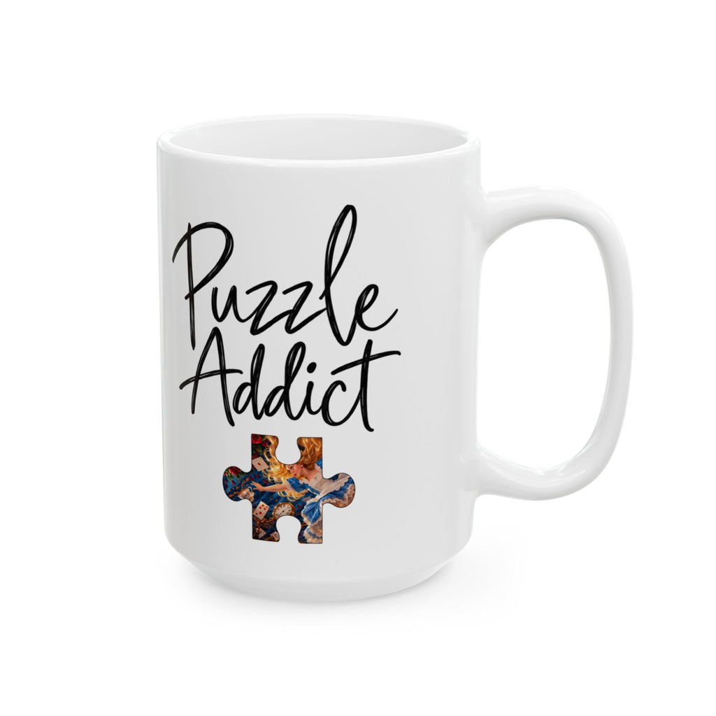 Puzzle Addict Coffee Mug – Jigsaw Puzzle Lover Gift with Alice in Wonderland Artwork 15oz
