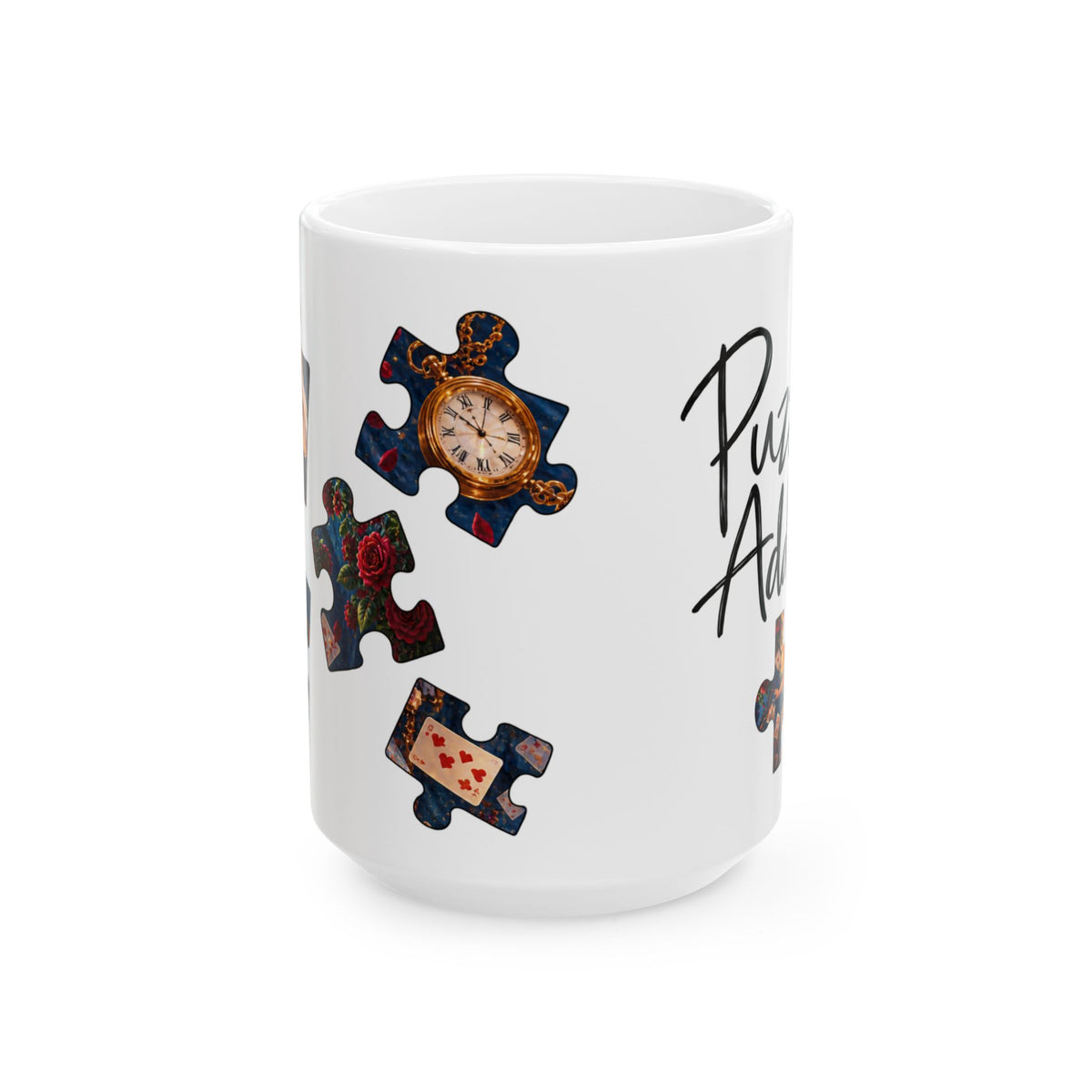 Puzzle Addict Coffee Mug – Jigsaw Puzzle Lover Gift with Alice in Wonderland Artwork 15oz