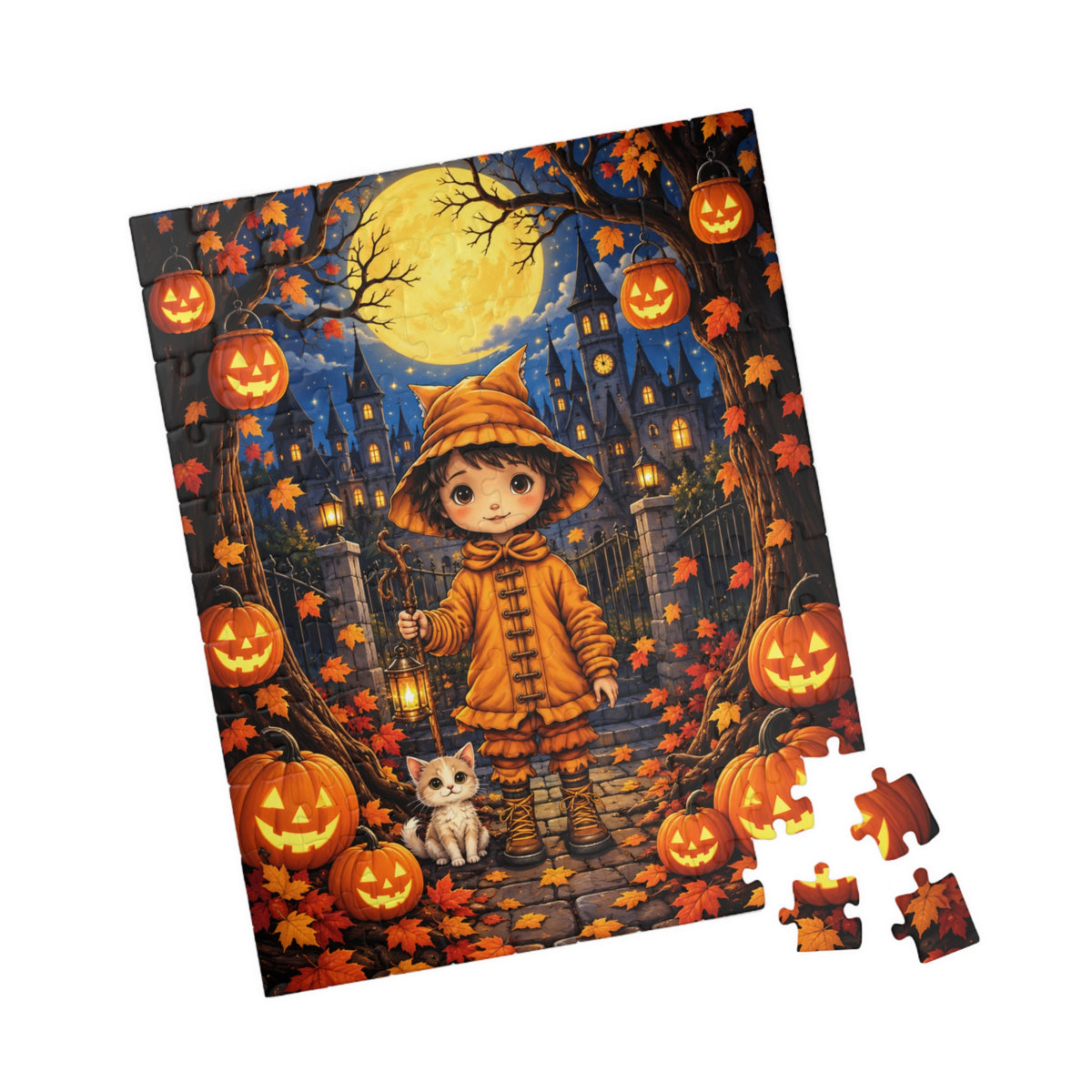 Halloween Pumpkin Patch Puzzle — Cute Kid in Orange Coat & Cat (110/252 pcs)